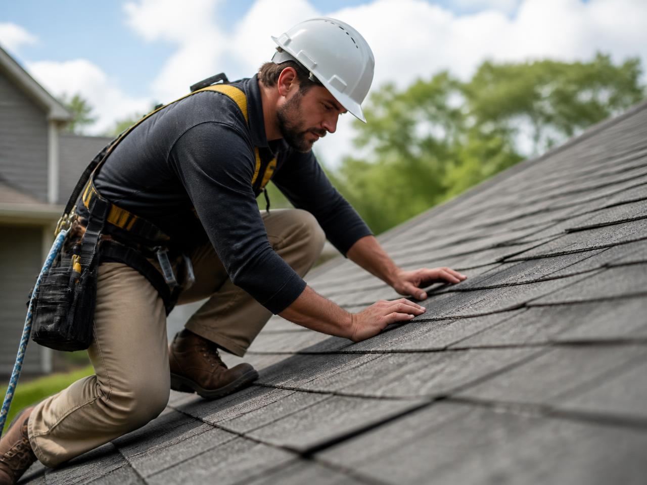 Roofer inspecting shingles